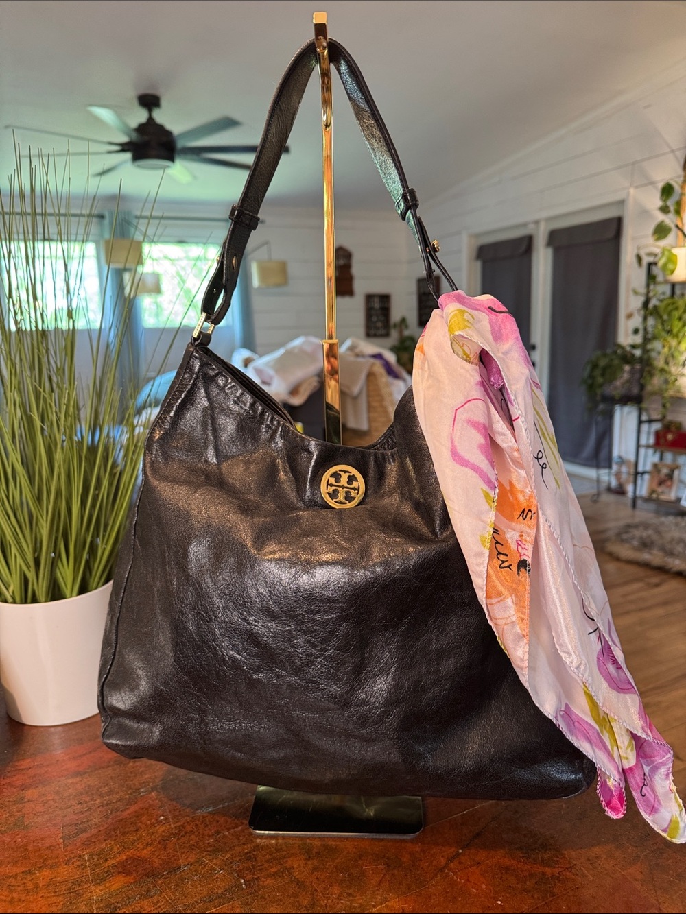 Tory Burch Black Leather Hobo with Gold Logo Accent